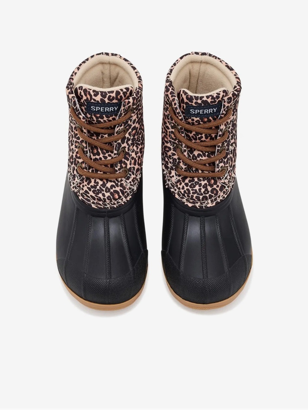 Sperry Kids Black Duck Boots with Leopard Print Upper